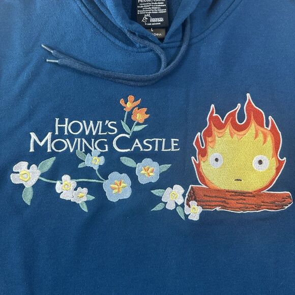 Rare Studio Ghibli Howl's Moving Castle Calcifer Embroidered Hoodie Size L Blue - Picture 3 of 7